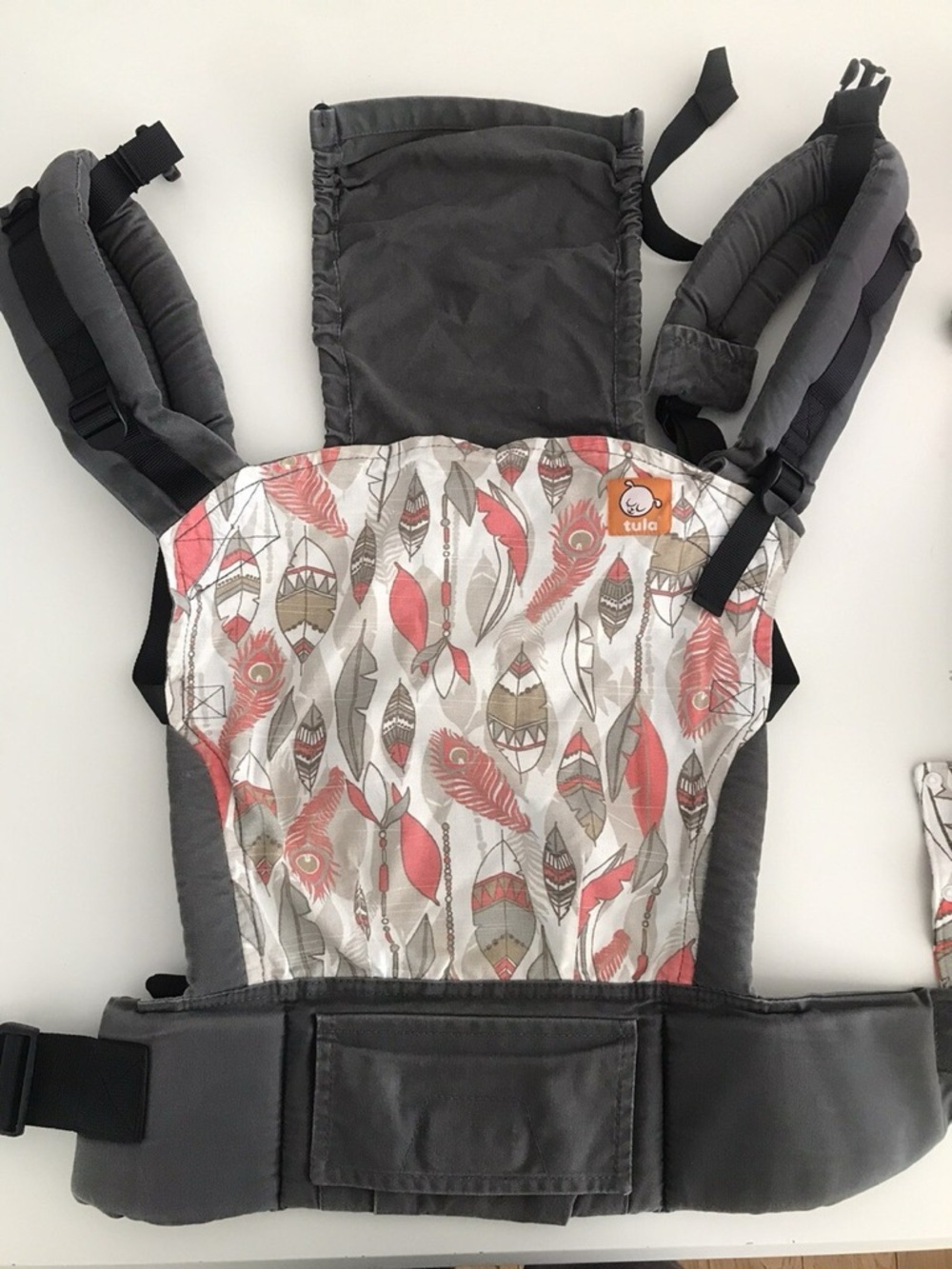 Tula carrier with Feather Print - Gray & Coral